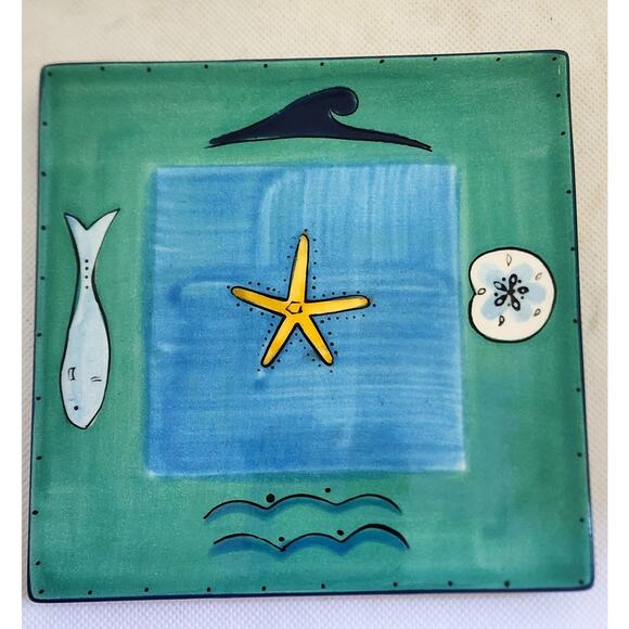TRIVET/HOT PLATE-Decorative Tile-Hand Painted-Green Blue-Ocean-Tropical-Fish - Picture 4 of 6